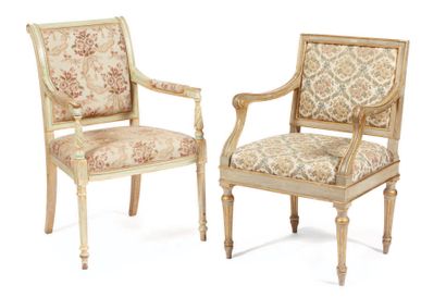null Two cream and gold lacquered wooden armchairs, back and seat covered with fabric...