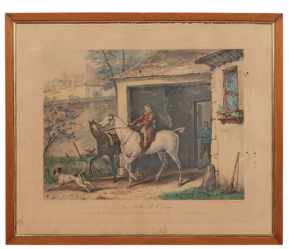 null Lot de quatre gravures représentant des scènes avec chevaux et cavaliers, France,...