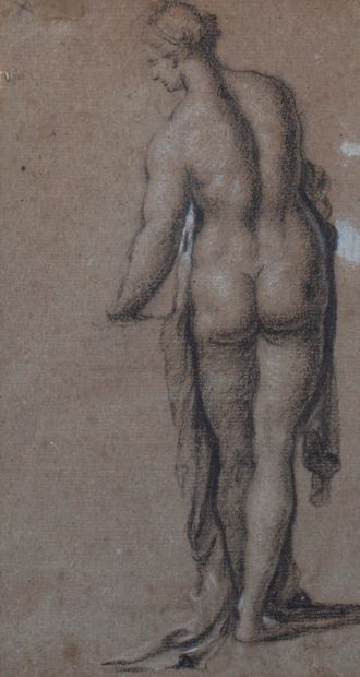Ambito di Jacopo PALMA Il Vecchio Femme nue vue de dos Pierre noire, rehauts de blanc...