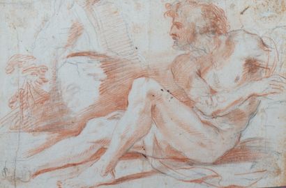 Pier Francesco MOLA (1612-1666) 
Étude d'un homme nu assis, vu de profil
Pierre noire,...
