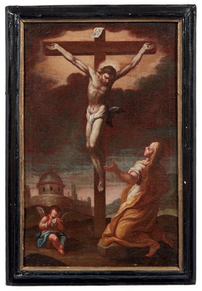 Scuola Veneta del XVII secolo 
Jésus sur la croix avec Marie-Madeleine et un petit...
