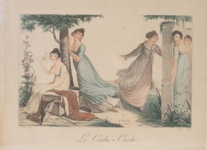 null Set of engravings in color including: "Le départ pour la chasse" ; "Emilie accompagne...