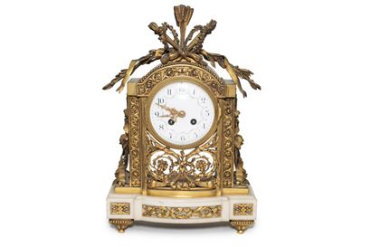 null Gilt bronze, glass and white marble clock, the circular white enamelled dial...