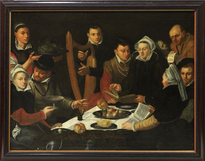 null ECOLE HOLLANDAISE 1629, SUIVEUR DE DIRCK BARENTZ Repas galant avec musiciens...