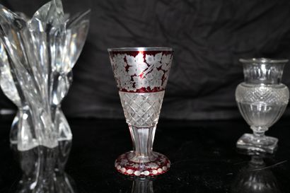 null Set of glass vases including : - a pair of baluster vases with cut sides and...