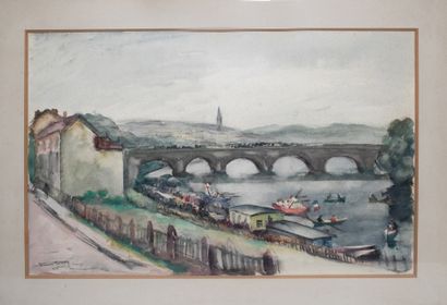null Maurice Savreux (1884 - 1971) Paysage au pont, 1925 Gouache et aquarelle. Signé...