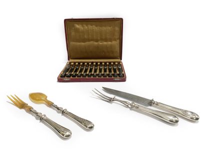 Lot including a knife set, a silver plated...