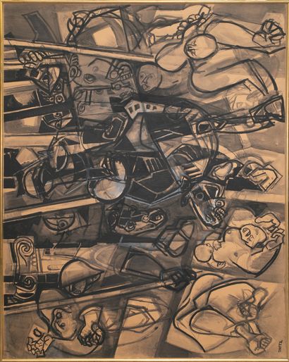 null Georges Dayez (1907 - 1991) Composition aux personnages Grande huile sur papier...