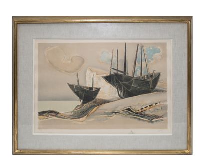null Georges Dayez (1907 - 1991) Barques devant des falaises Lithographie signée...