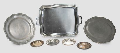 null Set including : - four coasters in silver plated metal. D_15 cm - a pewter dish...