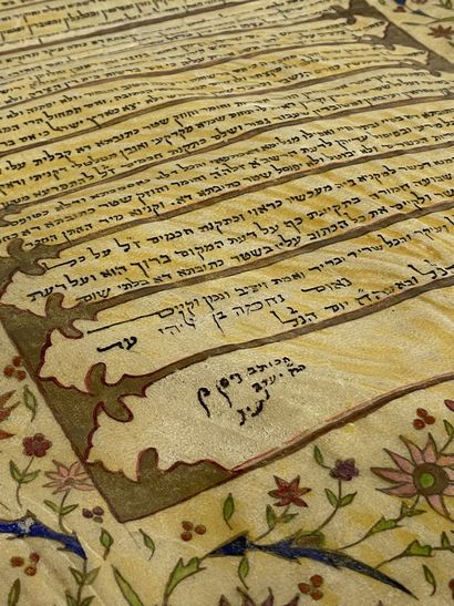 null PANNEAU DÉCORATIF EN PARCHEMIN PEINT Ecriture en hébreu, représente une ketouba...