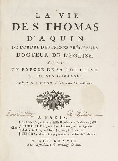 TOURON (Antoine). La Vie de Saint Thomas...