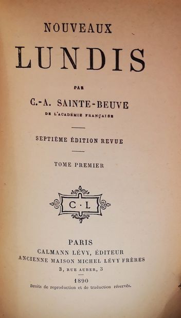 null SAINTE-BEUVE. Causeries du lundi. Paris, Garnier, 1852. 15 vol. in-12, demi-veau...
