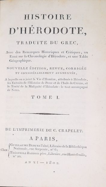 null HÉRODOTE. Histoire. Paris, Debure, Barrois, 1802. 9 vol. in-8, veau blond, triple...