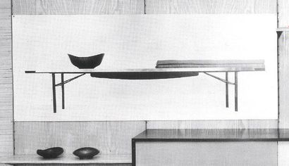 FINN JUHL (1912-1989) Banc - table basse Teck, métal et laiton Vers 1950 H_45 cm...