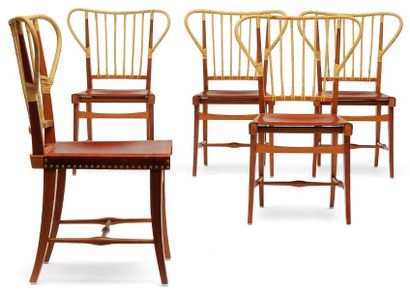 JOSEF FRANK (1885-1967) Suite de cinq chaises Acajou, rotin et cuir Réalisées par...