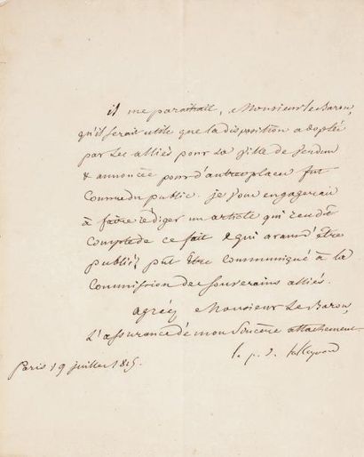 null TALLEYRAND Charles-Maurice de (1754-1838) Lettre signée «le P. de Talleyrand»,...