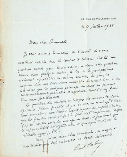 VALÉRY Paul (1871-1945) Lettre autographe signée, 17 juillet 1933, à Ch. Raisin-Dadre;...