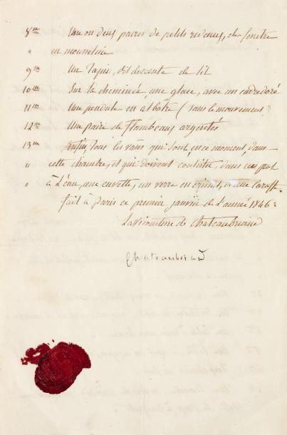 null CHATEAUBRIAND François-René de. Pièce signée «Chateaubriand», écrite et signée...