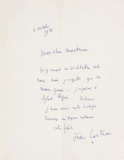 COCTEAU Jean (1889-1963) Lettre autographe signée, [Saint-Jean Cap-Ferrat] 4 octobre...