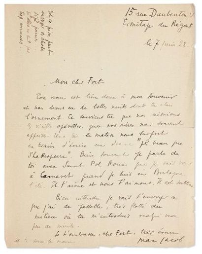 JACOB Max (1876-1944) Lettre autographe signée, Paris «Ermitage du Régent» 7 juin...