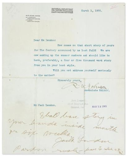 LONDON Jack (1876-1916) écrivain américain Lettre autographe signée (4 lignes), Oakland...