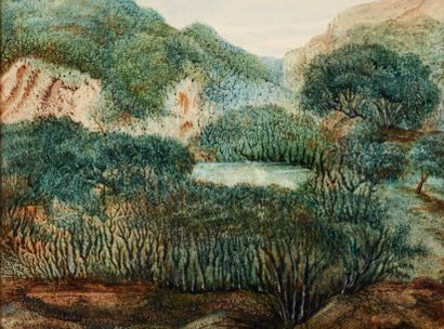 SAND George Aquarelle originale, paysage imaginaire: étang dans un paysage montagneux;...