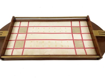 null Natural wood and copper tray in Art Deco style, fabric bottom covered with a...