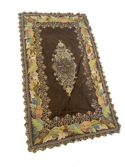 null Square velvet patchwork and silk star table top, Russian work of the late 19th...