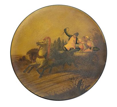 null Set of 3 wood and papier-mâché plates, two decorated with troika scenes and...