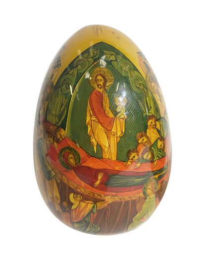 null Lot of 2 eggs in wood covered with lacquered paper mache decorated with religious...