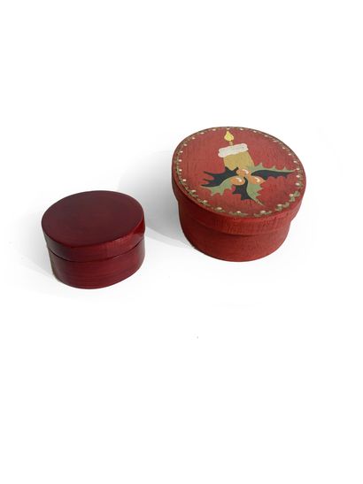 null Oval wooden box painted with a candle on a red background containing a small...