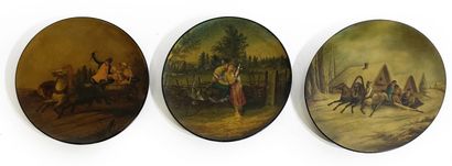 null Set of 3 wood and papier-mâché plates, two decorated with troika scenes and...