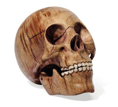 null Tête de mort. Bois sculpté et dents en os. H_17 cm L_20 cm