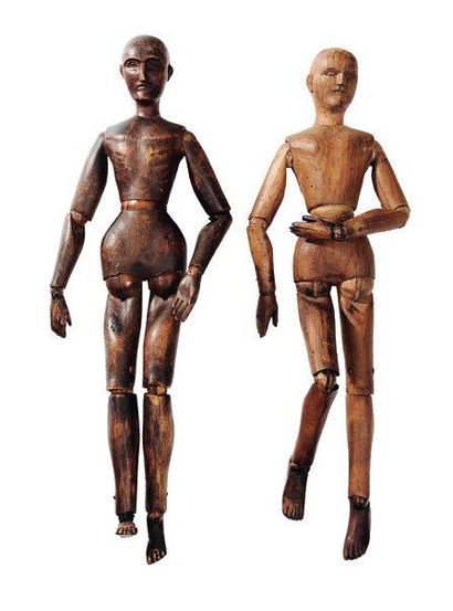 null Deux mannequins articulés. Bois sculpté. H_40 cm et H_38 cm