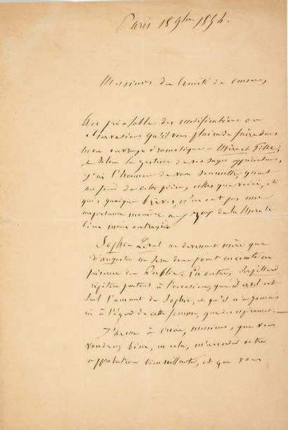 Xavier FORNERET. Lettre au Comité de censure. Paris, le 18 novembre 1854.
Lettre...