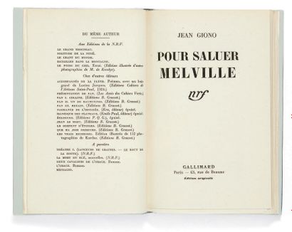 GIONO, Jean. To greet Melville. Paris, Gallimard, [1941].
In-8 [191 x 122] of 184...