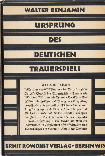 BENJAMIN, Walter. Ursprung des deutschen Trauerspiels. Berlin, Ernst Rowohlt Verlag,...