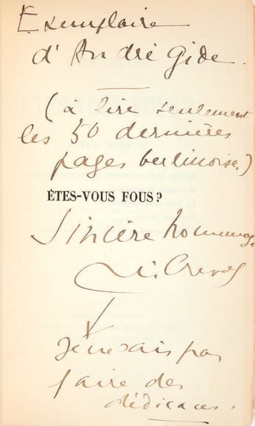 CREVEL, René. Êtes-vous fous ? Paris, Éditions de la Nouvelle Revue F rançaise, [1929]....
