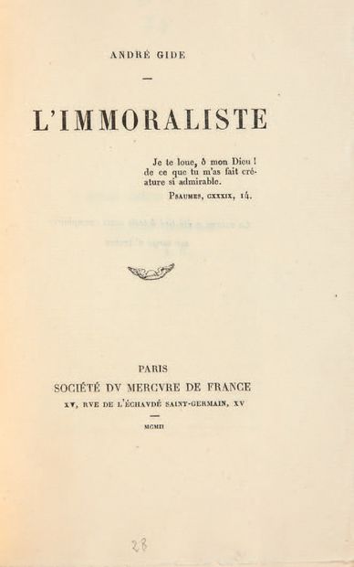 GIDE, André. L'Immoraliste. Paris, Société du Mercure de France, 1902.
In-12 [166...