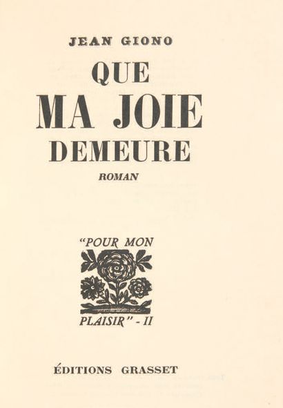 GIONO, Jean. Let my joy remain. Novel.
Paris, Gallimard, [1935].
In-8 [188 x 120]...