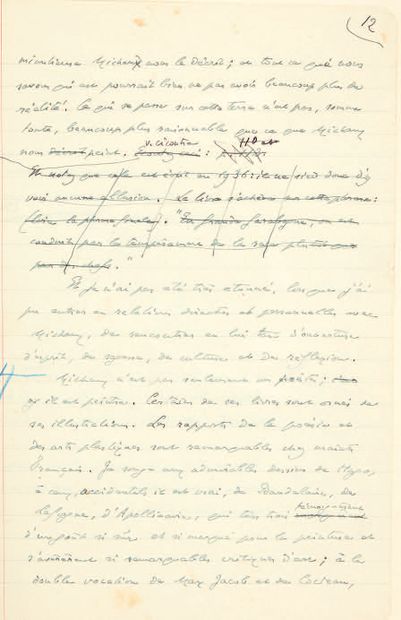 GIDE, André. Découvrons Henri Michaux. Sans lieu, 1941.
Manuscrit autographe de 17...