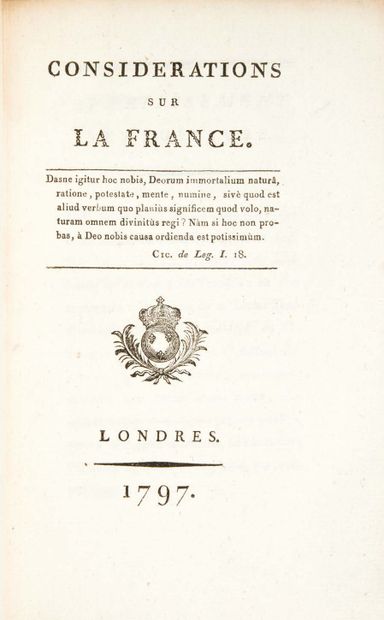 Joseph de MAISTRE (1753 – 1821) Considérations sur la France.
Londres (Bâle), 1797.
In-8...