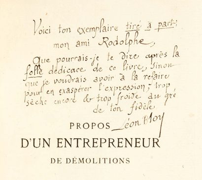 Léon BLOY (1846 – 1917) Propos d'un entrepreneur de démolitions.
Paris, Tresse, 1884.
In-18...
