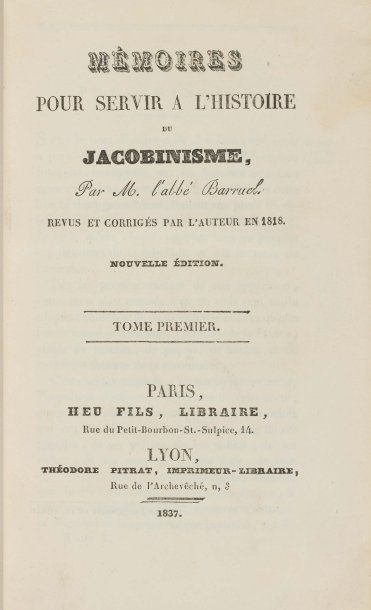 BARRUEL (abbé) Mémoires pour servir à l'histoire du Jacobinisme, revus et corrigés...