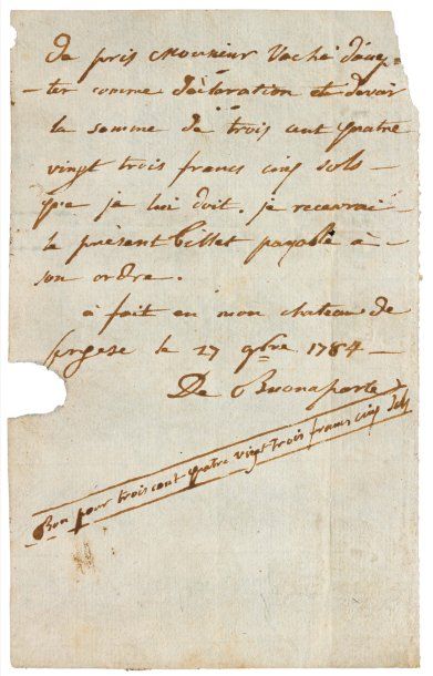 BUONAPARTE (Charles de) Reçu autographe signé. Château de Cargese, le 17 novembre...