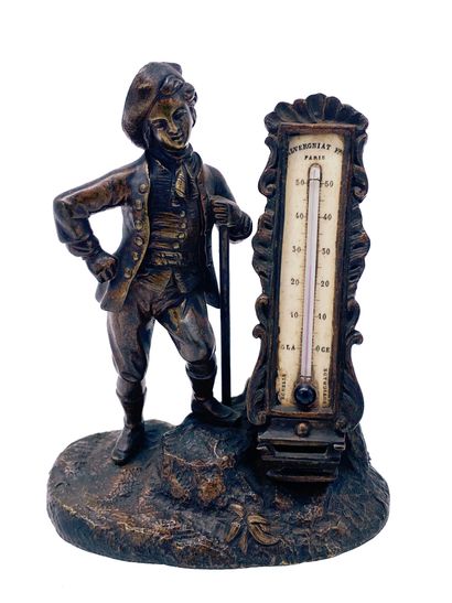 null Thermomètre centigrade signé "Alvergniat frères Paris" monté sur un socle en...