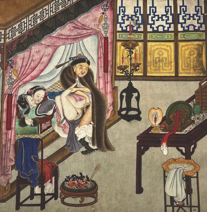 CHINE - XIXe siècle Album of eight inks and colors on paper of interior scenes, sometimes...