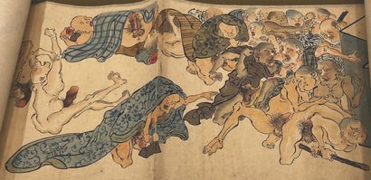 JAPON - XIXE SIÈCLE Encre sur papier à décor de scènes érotiques dans une maison...