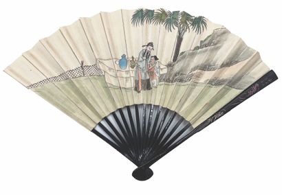 CHINE - Début XXe siècle Paper fan decorated with the three abundances (sanduo):...